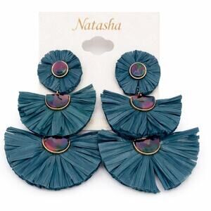 Natasha Couture Teal Fan Fringe Earrings Pink Detail Statement NWT